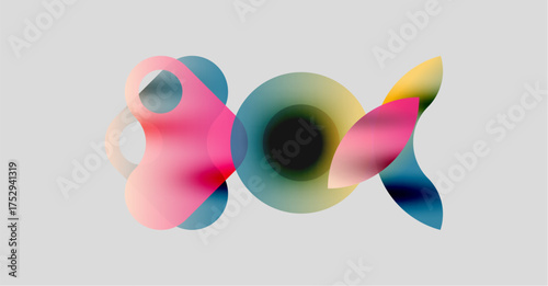 Abstract colorful shapes overlap, creating dynamic visual effect. Soft gradients blend, forming fluid forms on light gray background.
