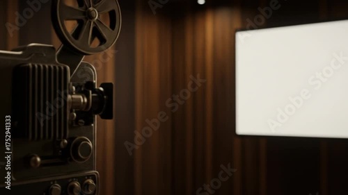 Vintage film projector in dimly lit room with empty screen  