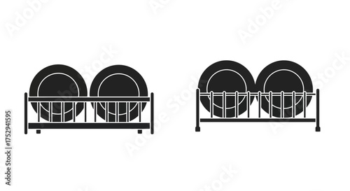 Black and white illustration of two dish drying racks with plates