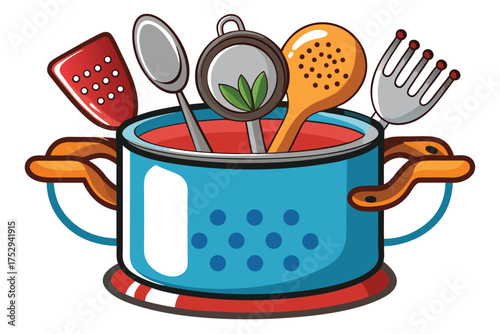 Cooking utensils including a spoon, fork, and spatula are gathered inside the blue pot