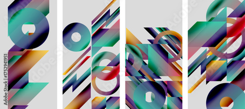 Abstract geometric artwork. Vivid colors blend, creating dynamic shapes. Panels display fragmented letterforms, modern design.