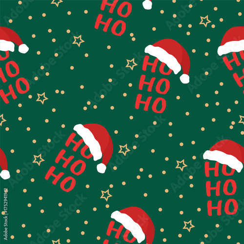 Seamless Christmas pattern. Santa's hat on a green background, ho ho ho. Vector illustration for gift wrapping paper, fabric, apparel, textiles, surface textures, and scrapbooks.