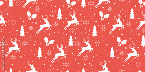 Christmas seamless pattern with deer, fir trees, snow, and holly. Vector illustration for gift wrapping paper, fabric, apparel, textiles, surface textures, and scrapbooks.