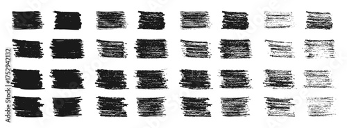 Rectangular black grunge spots with varying intensity of strokes, isolated on a white background. Collection of hand drawn pencil stroke textures, pencil hatching and scratches. Vector set for design
