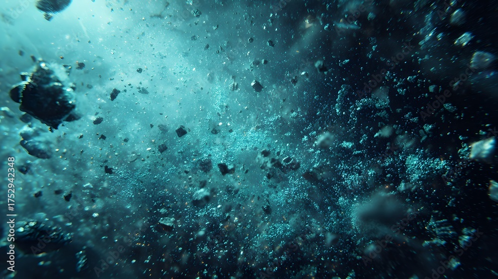 Obraz premium Underwater debris and bubbles swirl in turbulent deep blue ocean currents.