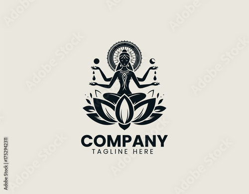 Intricate Hindu Goddess Lakshmi silhouette vector illustration sitting on lotus flower radiating divine light. Religious art concept
