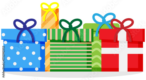 Festive Christmas presents in a pile, Wrapped Xmas gift design elements
