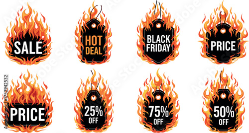 A set of burning price tags with hot deal, sale, and discount percentage text. Fiery promotional labels for retail and marketing concepts