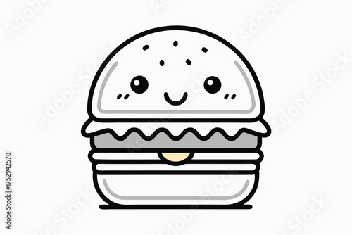 Smiling burger with sesame seed bun and beef patty sits quietly alone