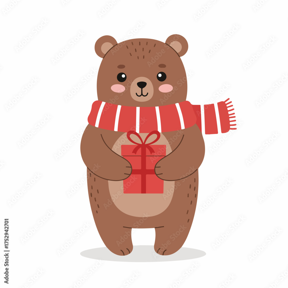 Obraz premium Cute Cartoon Brown Bear with Present Wrapped in Scarf Illustration