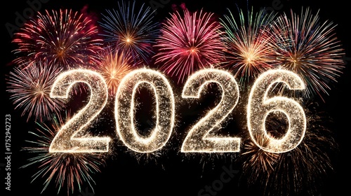 Wallpaper Mural Sparkling fireworks sky background with bold shining “2026” numbers in the center Torontodigital.ca