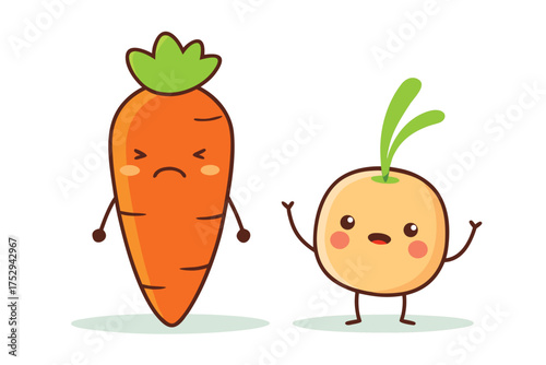 Cute cartoon carrot looks sad while friendly onion cheerfully waves hello on a white background