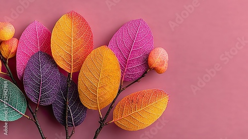Minimal abstract autumn background with colorful leaves on pink paper | Elegant fall nature backdrop with copy space for banner, greeting card, or social media design