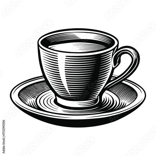 Stylized monochrome drawing presents a tea cup resting elegantly on its matching saucer below