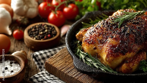 Top View Roast Chicken on Wooden Table with Text Space, Perfect for Menu Design, Food Advertising, Holiday Greeting Cards, and Social Media Banners
