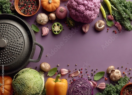 Vibrant Colorful Food Background with Vegetables, Fruits, and Cooking Ingredients on the Side | Blank Space for Text, Perfect for Menu, Recipe, and Social Media Design