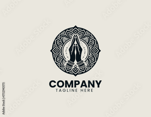 Circular line art vector illustration of traditional Namaste hands gesture surrounded by decorative mandala border. Spiritual design concept