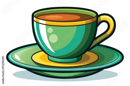 Tea fills a quaint green cup resting gently on its matching saucer