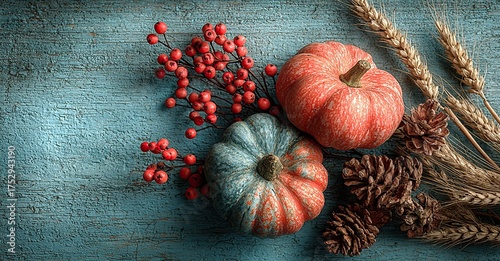 Autumn Flat Lay Background on Teal Blue Wooden Table with Orange Pumpkins, Red Berries, Wheat Sheaves, and Pine Cones | Copy Space for Holiday Cards, Social Media, Ads, and Menu Design