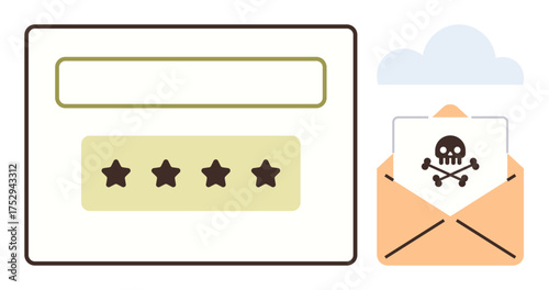 Password input field with four stars alongside an open email envelope displaying a skull and crossbones. Ideal for cybersecurity, phishing alert, data protection, hacking prevention, online safety