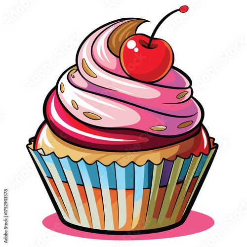 Stylized cupcake features swirling pink frosting and a bright red cherry on a white background
