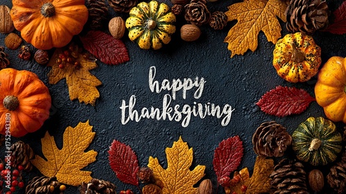 Top View Flat Lay Thanksgiving Background with Yellow Leaves and Pumpkins on Dark Blue Surface | White 
