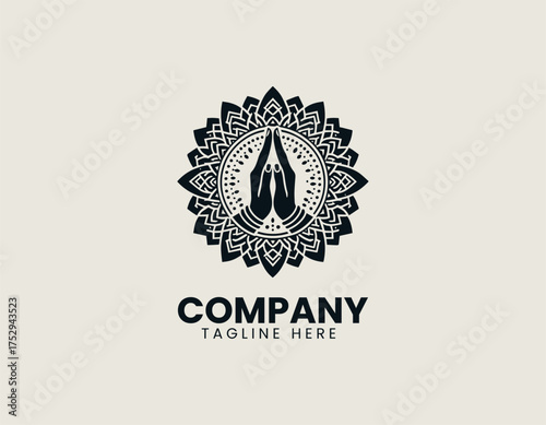 Circular line art vector illustration of traditional Namaste hands gesture surrounded by decorative mandala border. Spiritual design concept