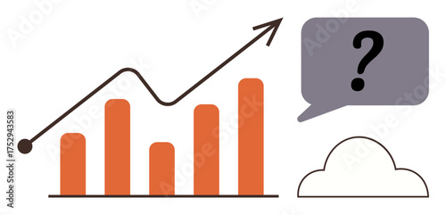 Rising bar chart with arrow representing progress, speech bubble with question mark, and thought cloud. Ideal for business, growth, analytics, brainstorming, planning, strategy decision-making