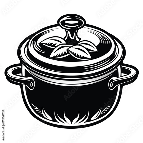 Black metal cooking pot illustration with lid and handles, ready for kitchen creativity