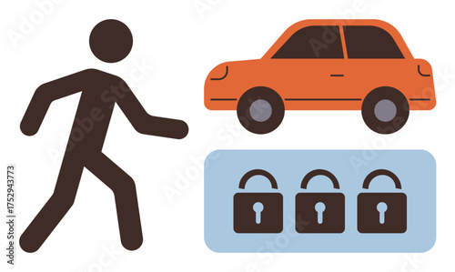 Stick figure walking near orange car beside three locks, representing security, car safety, and protection. Ideal for safety, security, insurance, privacy, transportation accessibility