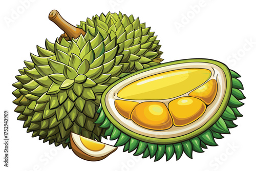 Two spiky durian fruits are displayed, one sliced open, showcasing its vibrant yellow pulp