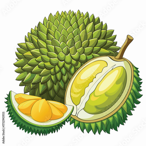 Whole durian fruit alongside a sliced open one showing the fruit flesh inside