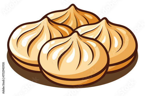 Four delectable Chinese soup dumplings sit closely together on a single plate