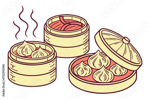 Three bamboo steamers contain dumplings and noodles, creating a delicious, enticing Asian food scene