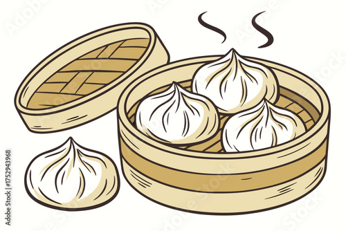 Four steaming dumplings rest enticingly inside a bamboo steamer, alongside the steamer's lid