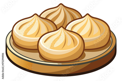 Steaming xiao long bao dumplings rest inside bamboo steamer, showcasing delicious cartoon styled Asian cuisine