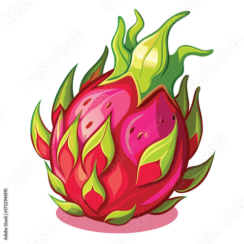 Cartoon dragon fruit features bright red skin and verdant scales around the exterior