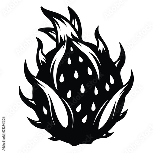 Single black dragon fruit with teardrop shaped seeds displays its unique form