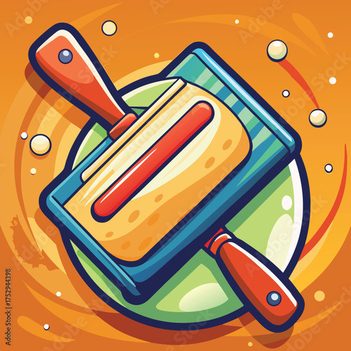 Stylized cartoon features a floating trowel over a colorful swirl against a gradient background
