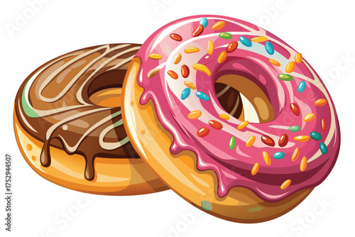 Two delicious donuts displayed featuring pink frosting and chocolate drizzled toppings against a clean background
