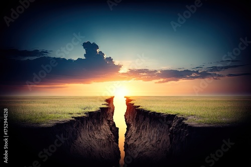 Earth split by a chasm, sunset glows from the deep fissure
