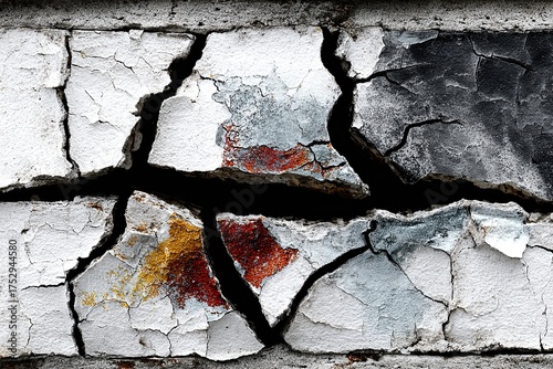 Severely cracked, peeling paint reveals colorful underlayers