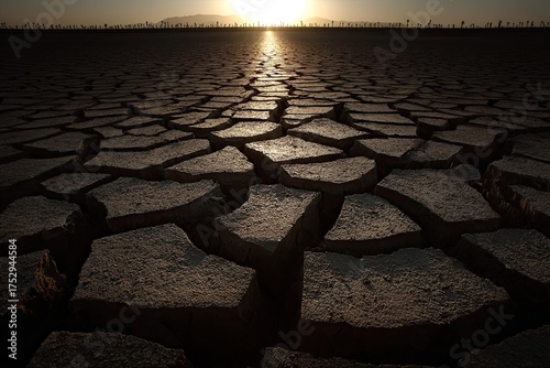 Cracked earth stretches to a hazy horizon under a setting sun