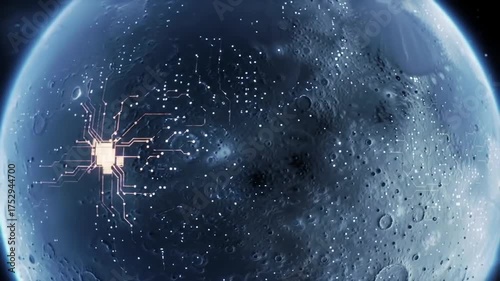 Futuristic digital planet with glowing lights in a dark cosmos background
