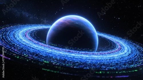 Abstract cosmic rendering of a planet with luminous rings in deep space