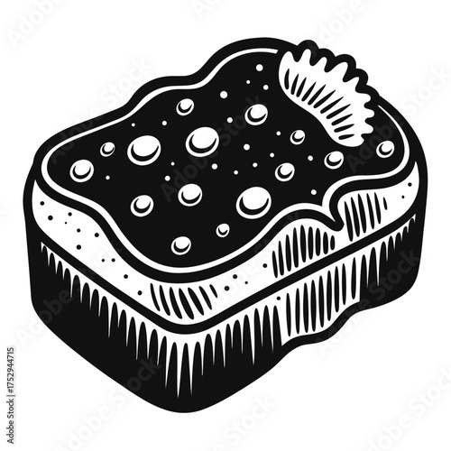 Black and white illustration shows a bubbly sponge with water drops on top