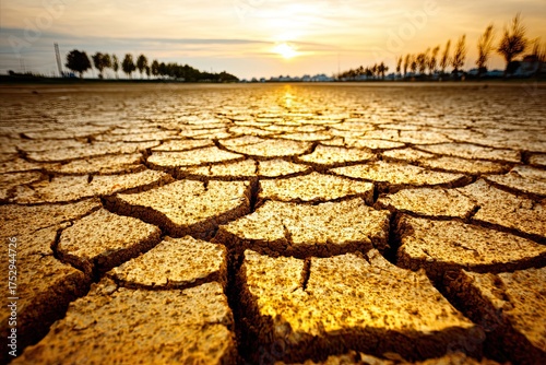 Parched cracked earth at sunset