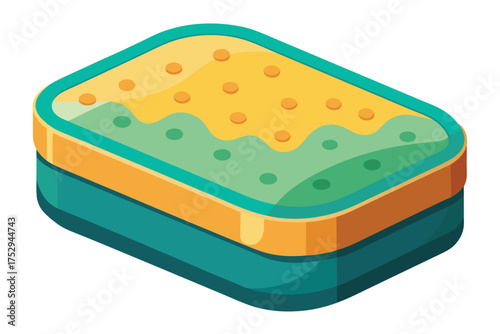 Isometric sponge has green and yellow layers with circles for cleaning thoroughly