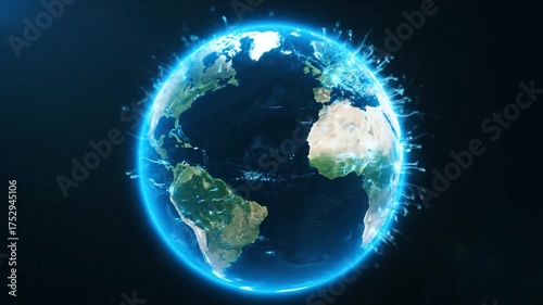 Global network of data connections orbiting earth on dark background