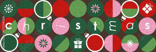 Holiday horizontal geometric geometric poster or web banner. Merry Christmas and happy new year 2026 vector postcard design with Christmas tree balls, snowflakes and gifts.